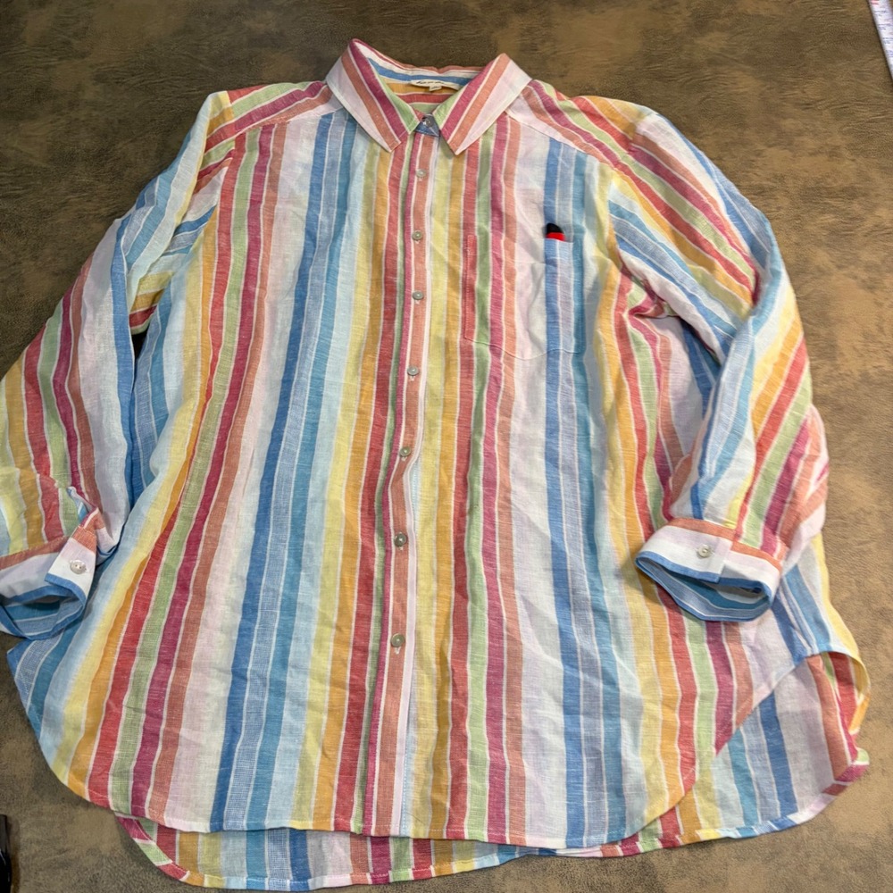 Jane and Delancey Button Up Shirt Womens 1X Multi Color Cotton Linen Striped